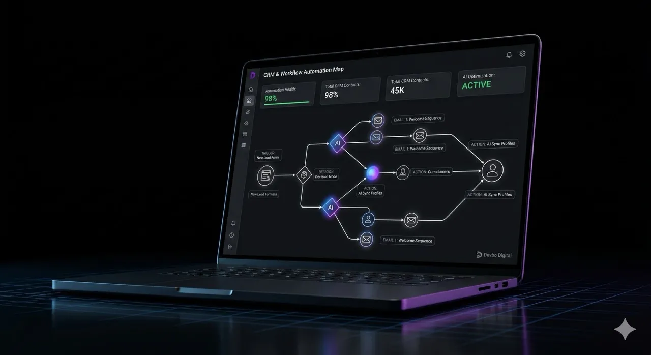 Laptop displaying AI automation with nodes connecting eachother